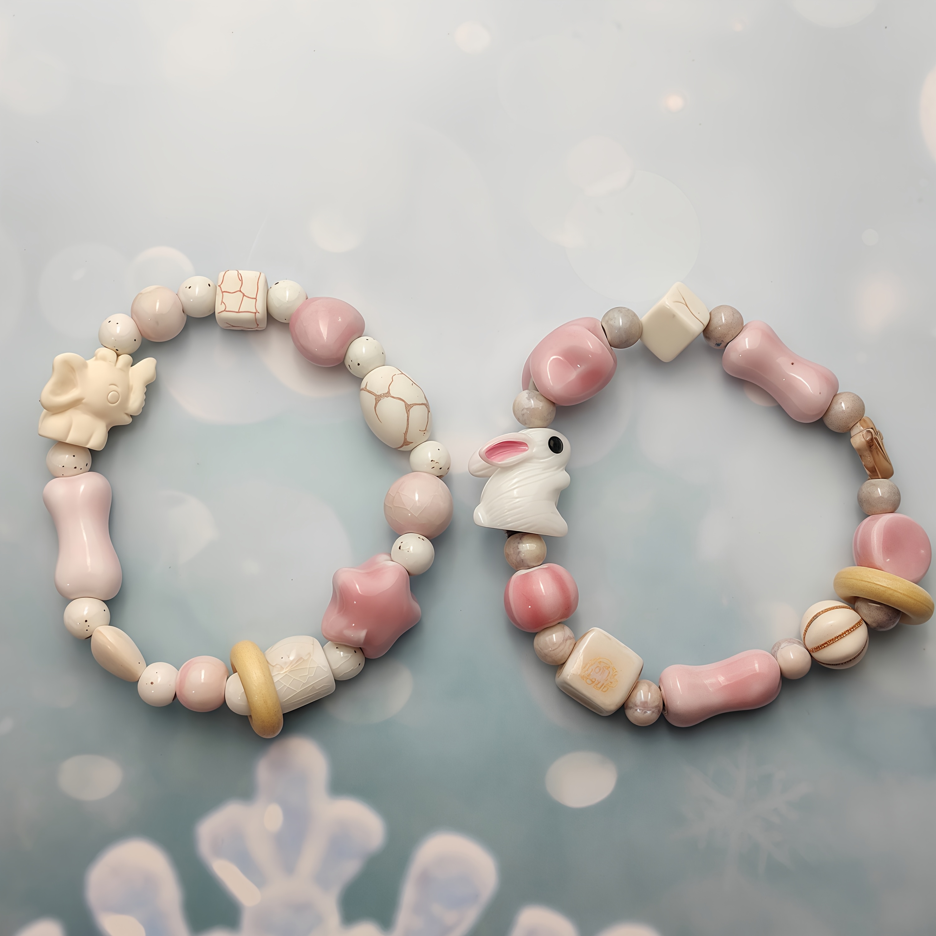 Vintage Style Ceramic Rabbit & Elephant Beaded Bracelet
